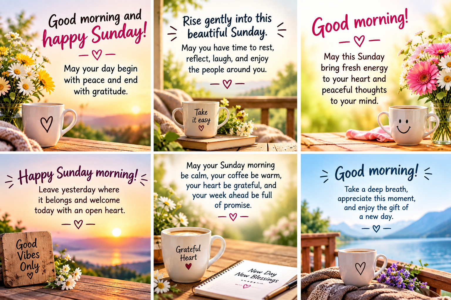 Happy Sunday blessings collage featuring six uplifting morning messages with flowers, coffee cups, peaceful sunrise views, and cozy Sunday scenes.