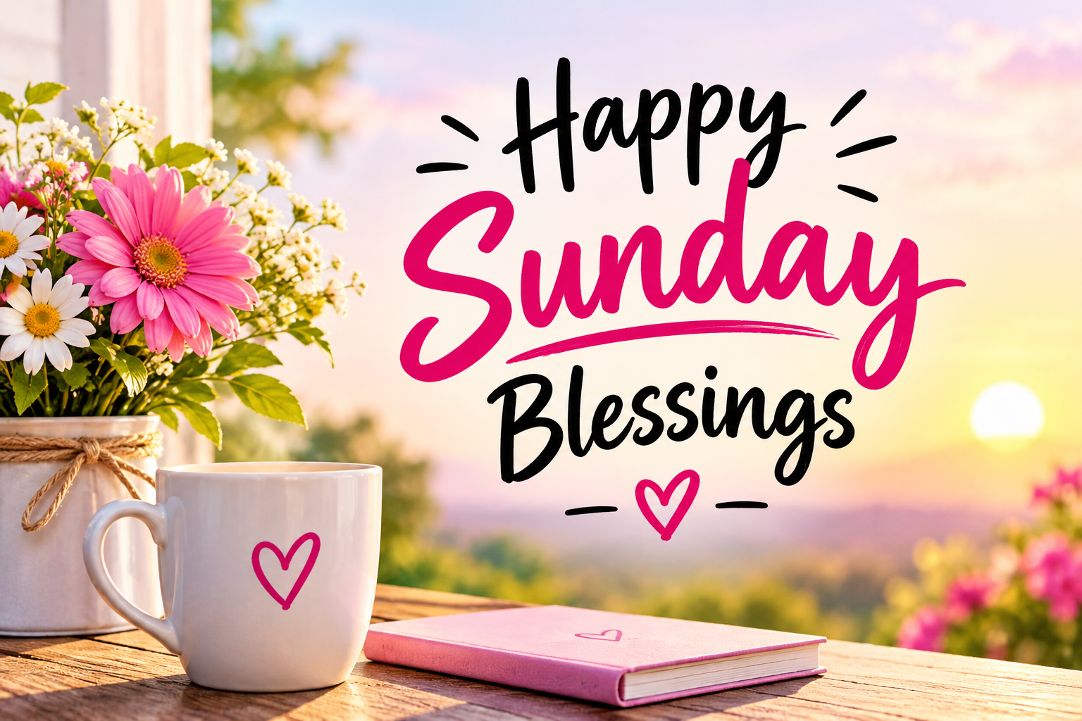Peaceful Sunday morning scene with flowers, warm sunlight, and a greeting card featuring a happy Sunday blessing