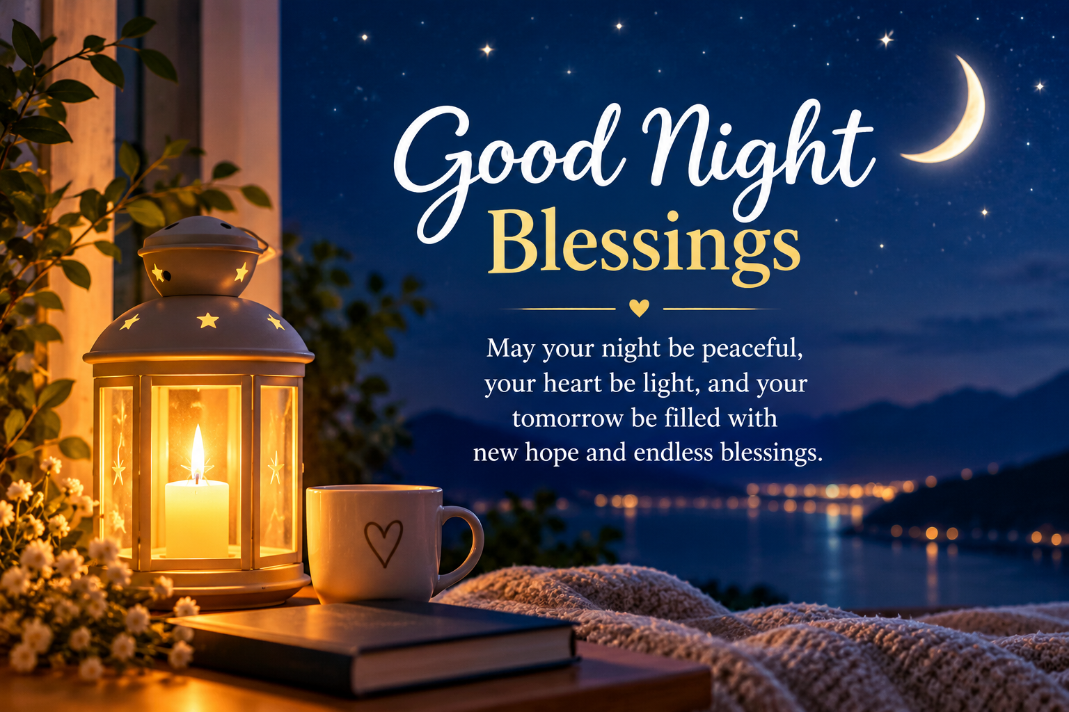Peaceful good night blessing message beside a moonlit sky and stars