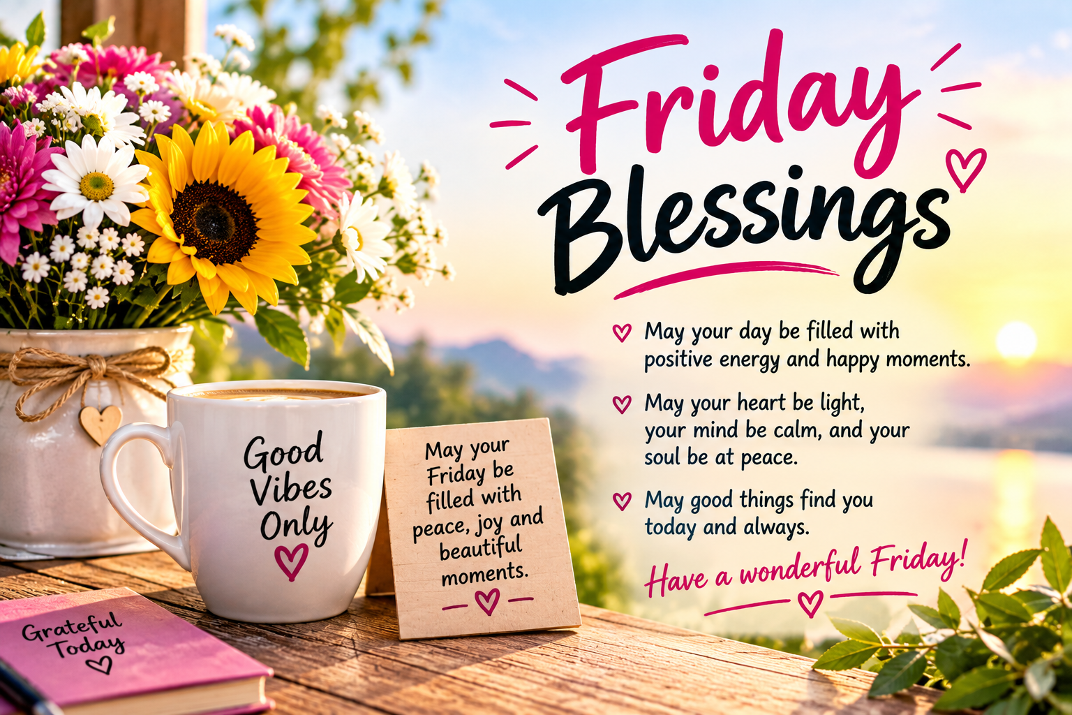 Peaceful Friday morning scene with warm light and a heartfelt blessing message