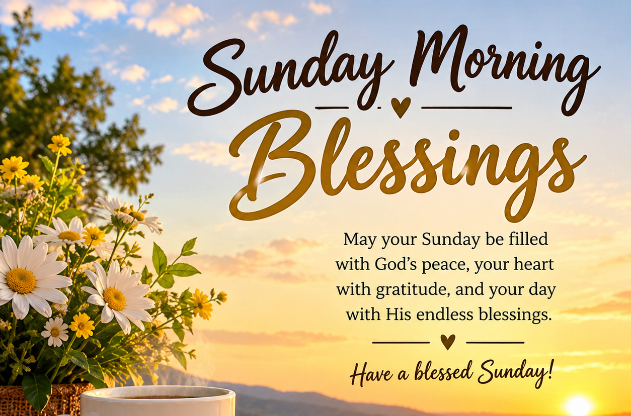Peaceful Sunday morning scene with sunlight, coffee, flowers, and a Bible representing hope and blessings