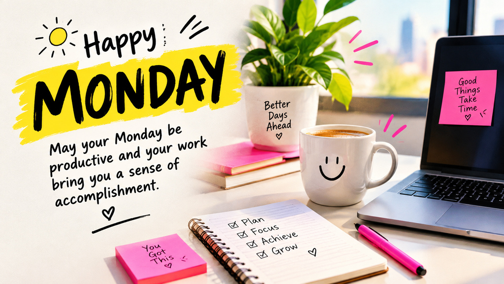 Happy Monday productivity blessing with a bright workspace, laptop, coffee, plant, and motivational message about accomplishment.