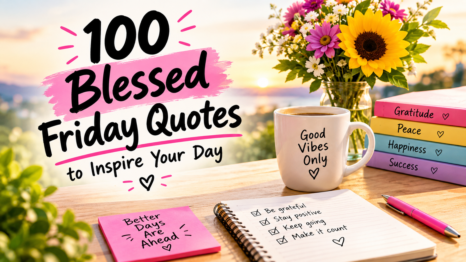 100 Blessed Friday Quotes to Inspire Your Day with flowers, coffee, inspirational books, and a warm sunrise setting.