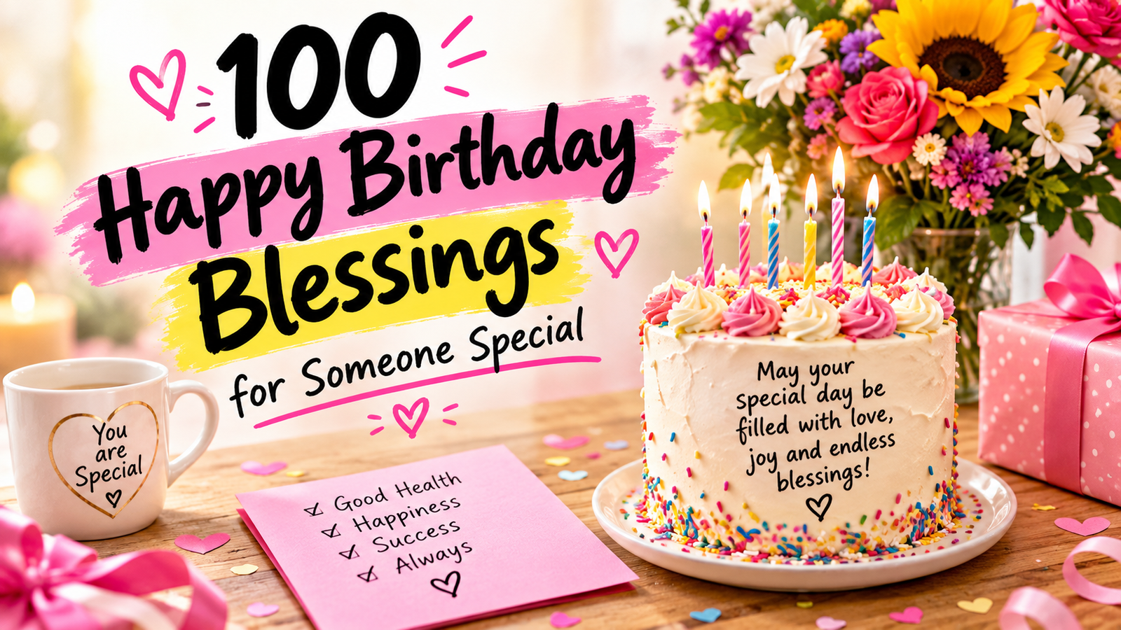 100 Happy Birthday Blessings for Someone Special with a birthday cake, candles, flowers, gifts, and colorful heart confetti.