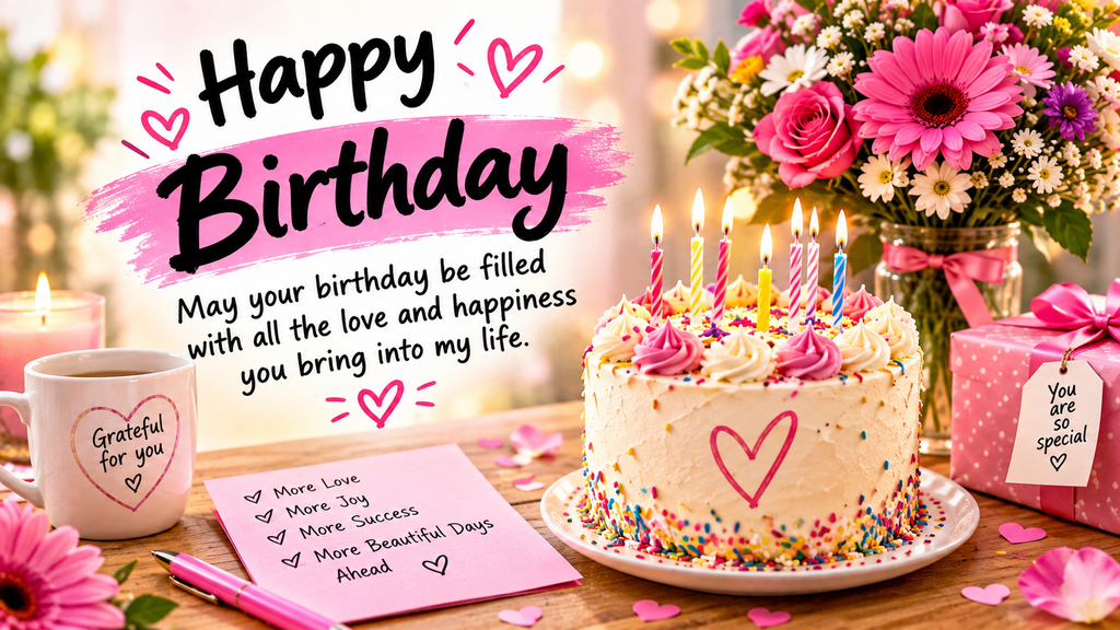 Happy Birthday message wishing love and happiness, with a candlelit cake, flowers, gift box, and heart decorations.