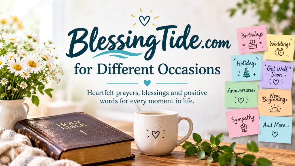 BlessingTide.com for Different Occasions featuring a Bible, flowers, coffee mug, and colorful cards for birthdays, weddings, holidays, and more.
