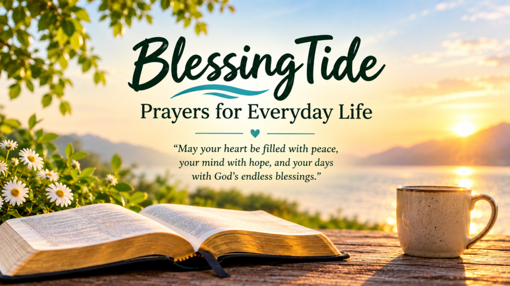 BlessingTide Prayers for Everyday Life with a peaceful sunrise, open Bible, flowers, and an inspirational prayer quote.