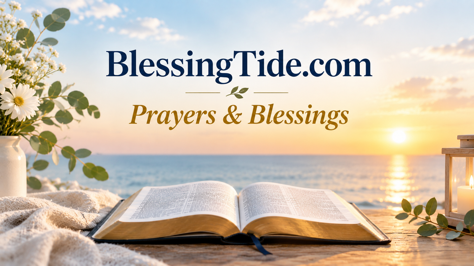 BlessingTide.com with an open Bible, peaceful ocean sunrise, white flowers, and warm golden light.